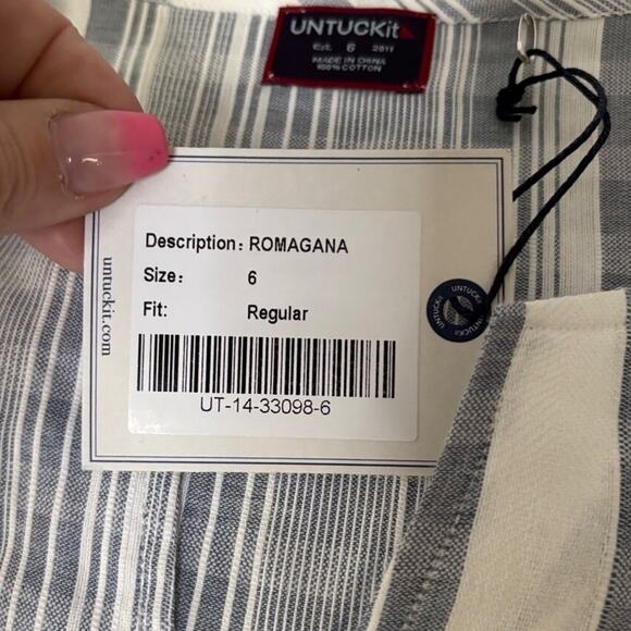 NWT UNTUCKit Romagana Tunic Top Blue White Stripe Cotton 3/4 Sleeve 6 - Picture 5 of 5